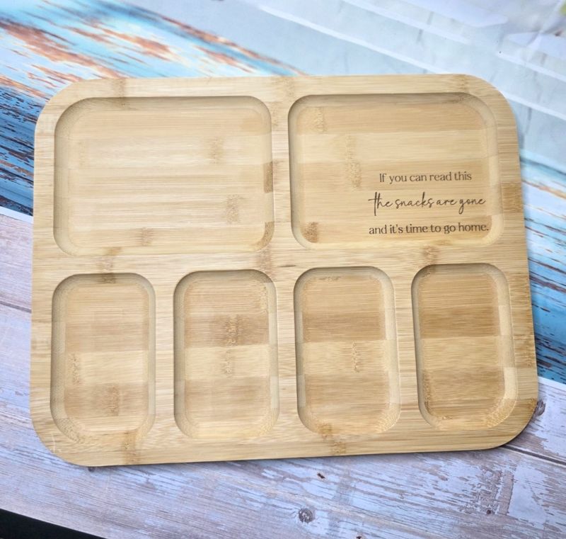 "If You Can Read This, Snacks Are Gone” Engraved Bamboo Snack Board with Lid & Compartments