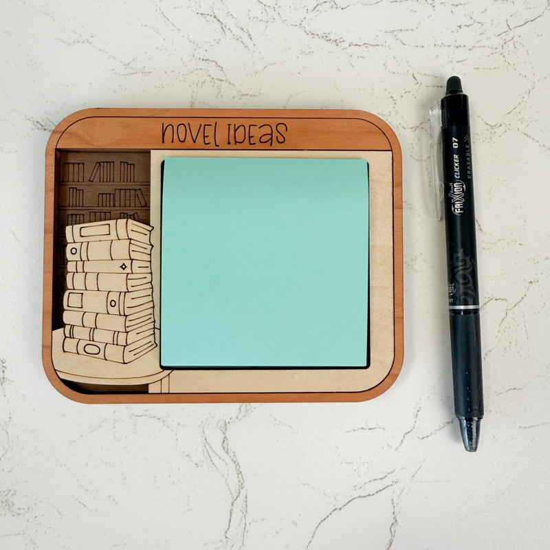 "Novel Ideas" book lover sticky note holder