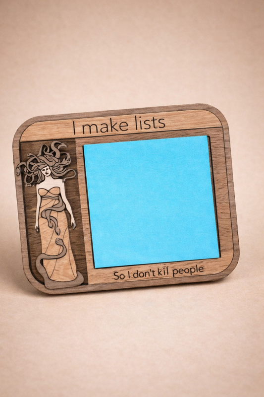 Laser-cut wood sticky note holders — hobby & funny designs