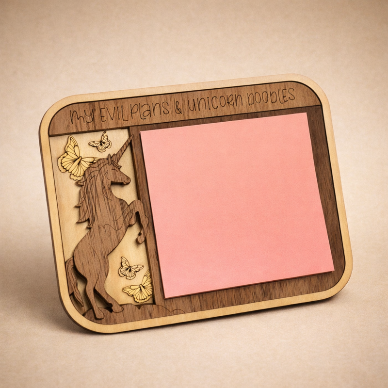 Laser-cut wood sticky note holders — hobby & funny designs