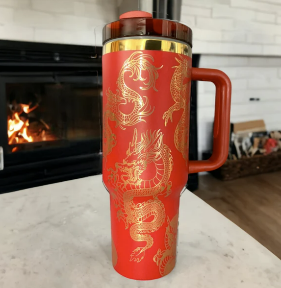 Gold Dragon 40oz Tumbler 🐉 — Laser Engraved with Handle, Lid & Straw (Blue Gold)