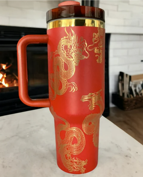 Gold Dragon 40oz Tumbler 🐉 — Laser Engraved with Handle, Lid & Straw (Blue Gold)