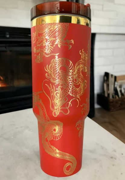Gold Dragon 40oz Tumbler 🐉 — Laser Engraved with Handle, Lid & Straw (Blue Gold)