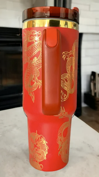 Gold Dragon 40oz Tumbler 🐉 — Laser Engraved with Handle, Lid & Straw (Blue Gold)