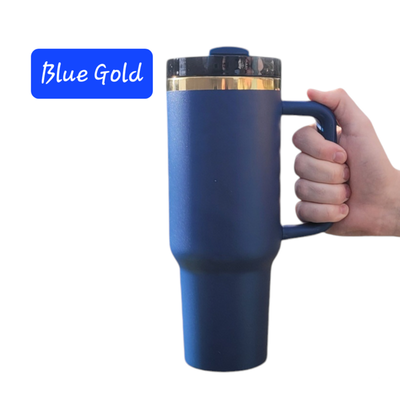 Gold Dragon 40oz Tumbler 🐉 — Laser Engraved with Handle, Lid & Straw (Blue Gold)