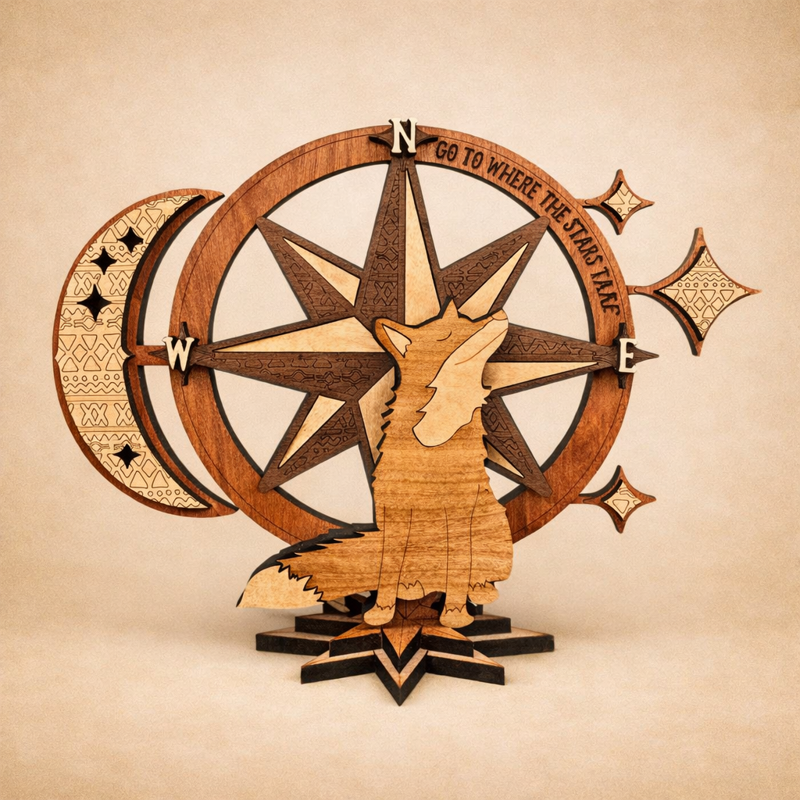 Fox Compass Rose Celestial Shelf Sitter Sign