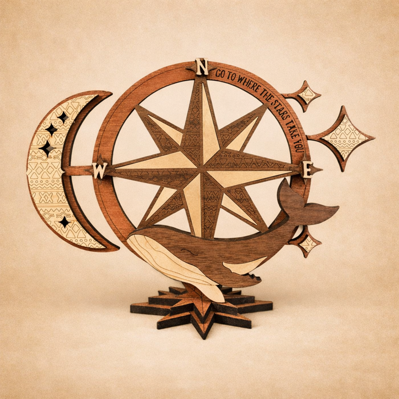 Whale Compass Rose Celestial Shelf Sitter Sign