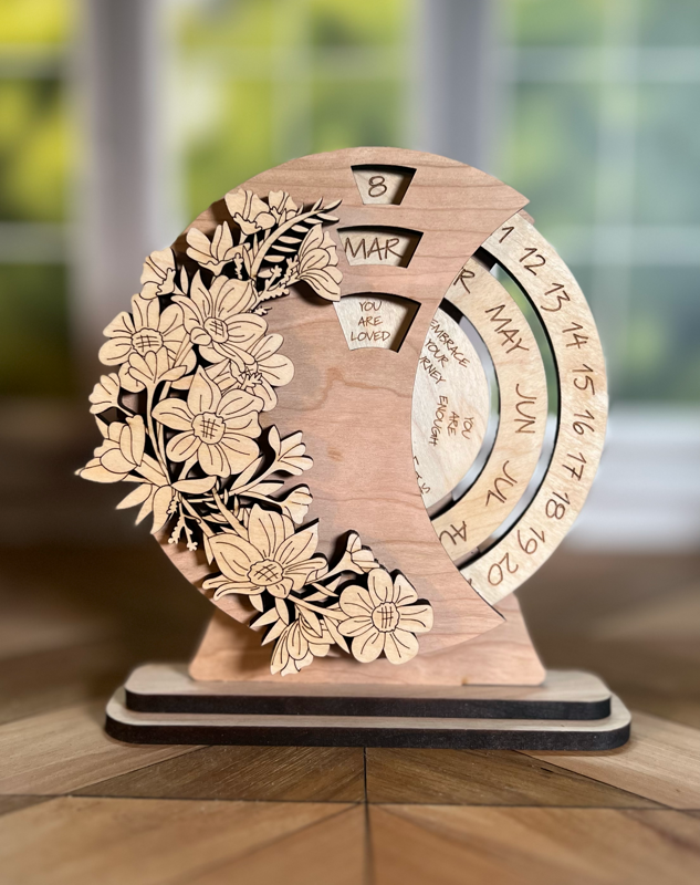 Floral Perpetual Spin Calendar — Laser-Cut Wood