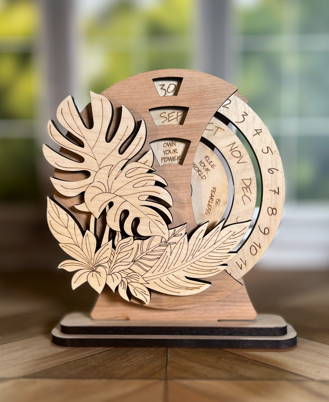 Tropical Leaves Perpetual Spin Calendar — Laser-Cut Wood