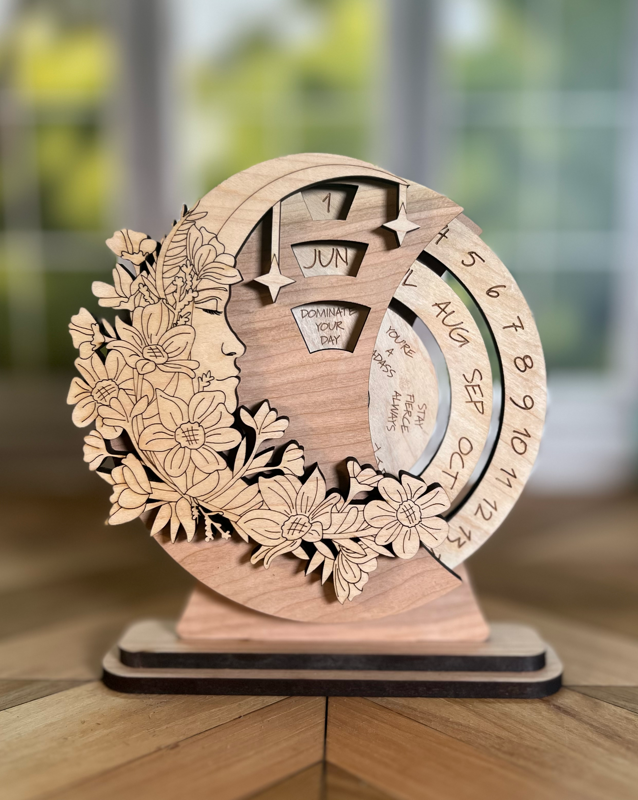 Moon Face Perpetual Spin Calendar — Laser-Cut Wood