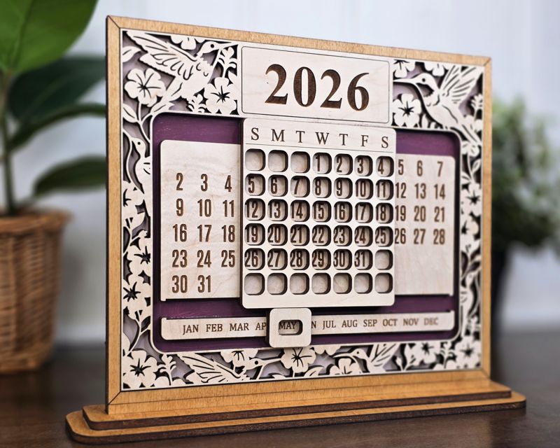 Timeless Perpetual Desk Calendar — Laser-Cut Wood with Dry Erase Year