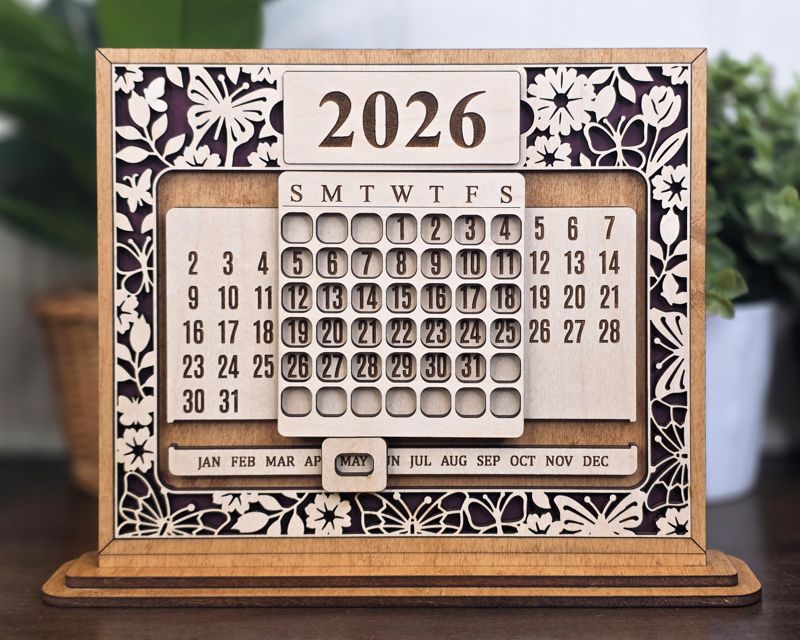 Timeless Perpetual Desk Calendar — Laser-Cut Wood with Dry Erase Year