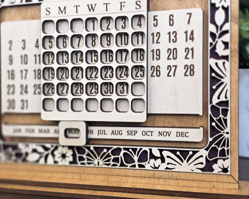 Timeless Perpetual Desk Calendar — Laser-Cut Wood with Dry Erase Year