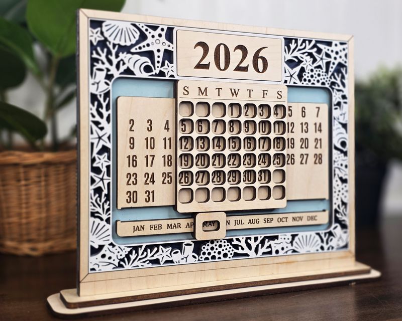 Timeless Perpetual Desk Calendar — Laser-Cut Wood with Dry Erase Year