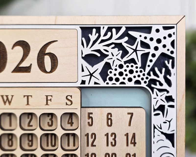 Timeless Perpetual Desk Calendar — Laser-Cut Wood with Dry Erase Year