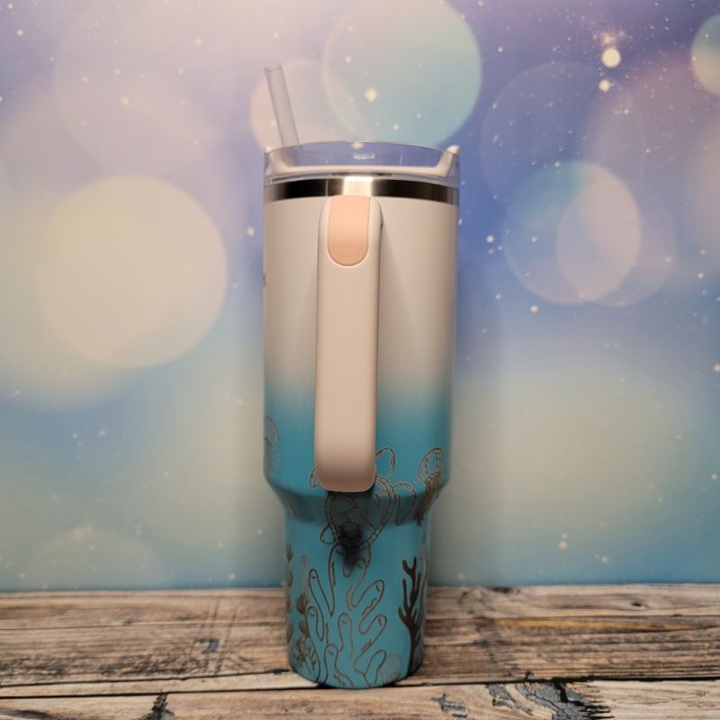 Ocean Stanley, **FREE KEYCHAIN**, Engraved 40 oz Tumbler, Engraved Full Wrap, Stanley Sea, Quencher H2.0, Personalized Stanley, Sea Turtle (Cream H2.0)