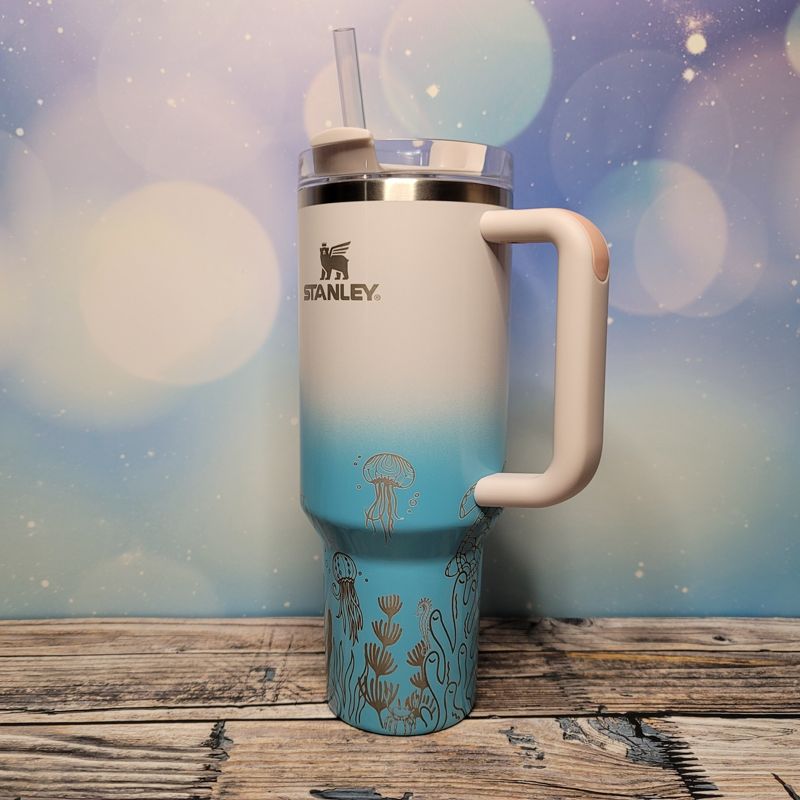 Ocean Stanley, **FREE KEYCHAIN**, Engraved 40 oz Tumbler, Engraved Full Wrap, Stanley Sea, Quencher H2.0, Personalized Stanley, Sea Turtle (Cream H2.0)