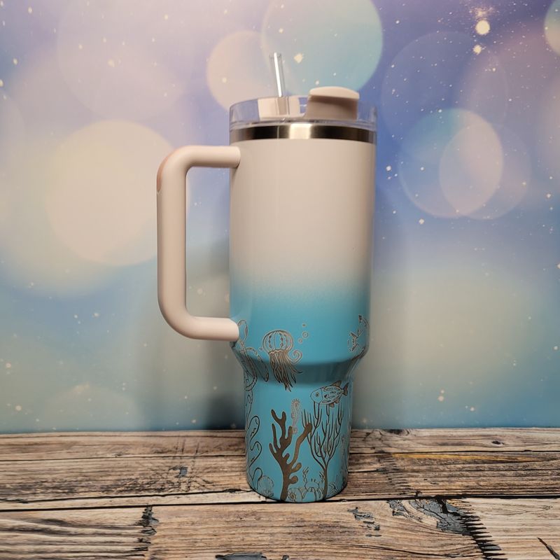 Ocean Stanley, **FREE KEYCHAIN**, Engraved 40 oz Tumbler, Engraved Full Wrap, Stanley Sea, Quencher H2.0, Personalized Stanley, Sea Turtle (Cream H2.0)
