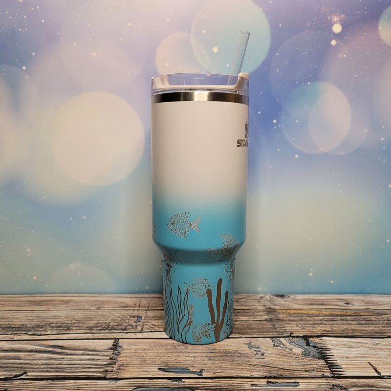Ocean Stanley, **FREE KEYCHAIN**, Engraved 40 oz Tumbler, Engraved Full Wrap, Stanley Sea, Quencher H2.0, Personalized Stanley, Sea Turtle (Cream H2.0)