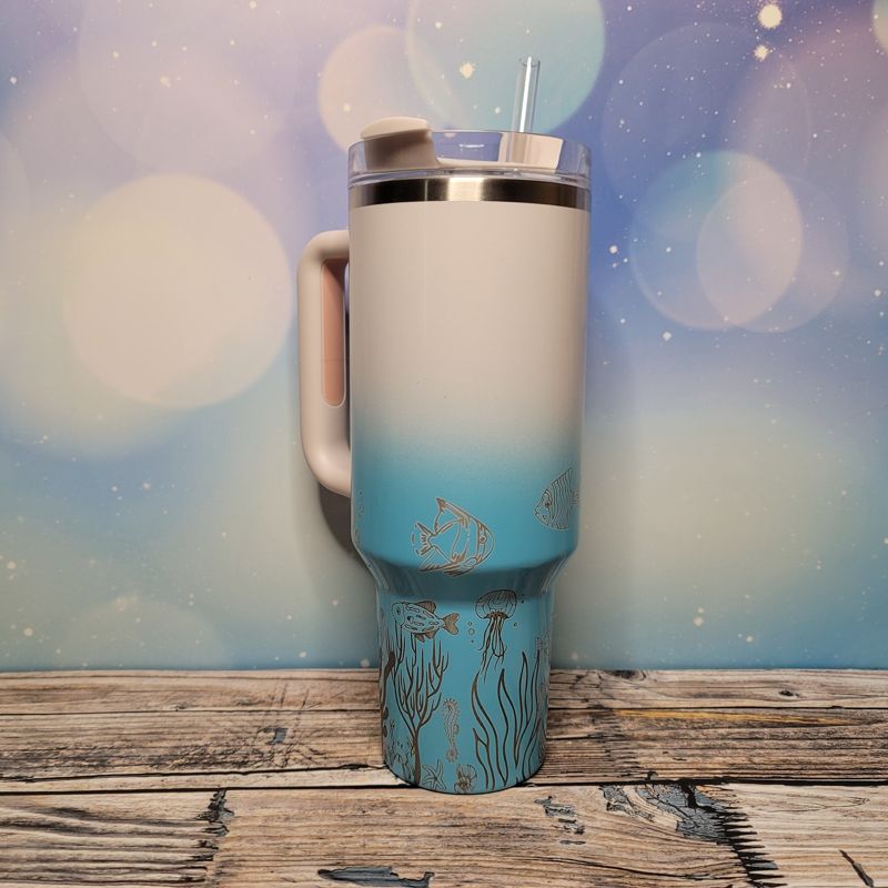Ocean Stanley, **FREE KEYCHAIN**, Engraved 40 oz Tumbler, Engraved Full Wrap, Stanley Sea, Quencher H2.0, Personalized Stanley, Sea Turtle (Cream H2.0)
