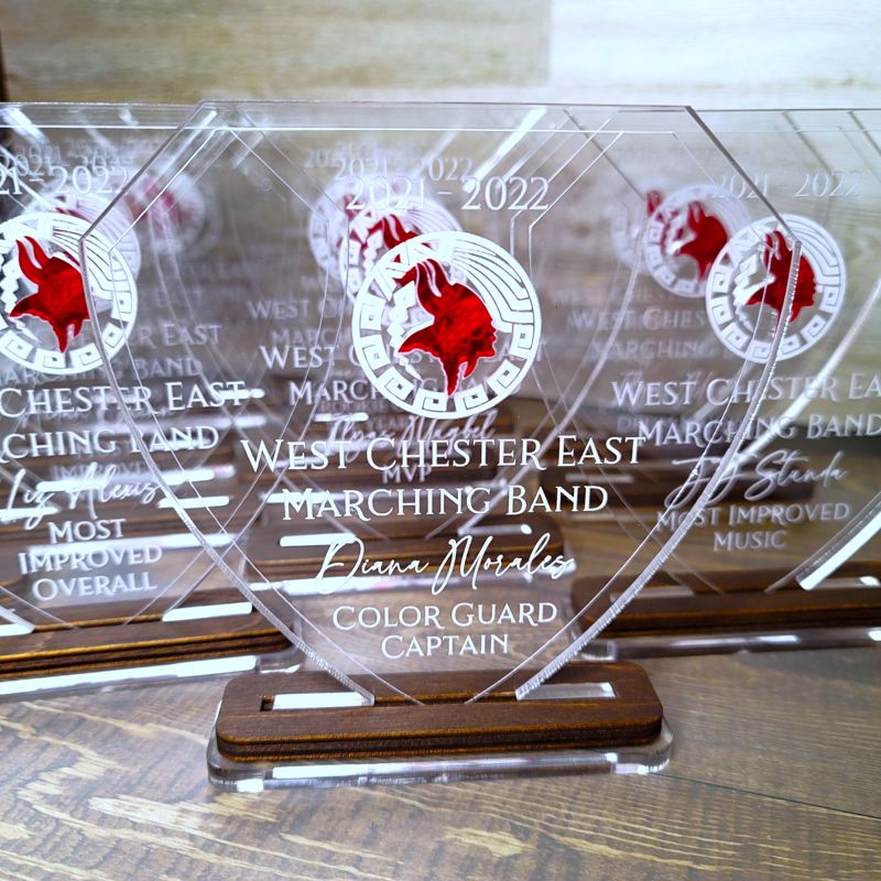 Custom Engraved Acrylic Trophy with Inset Design, Custom Engraved Acrylic Award