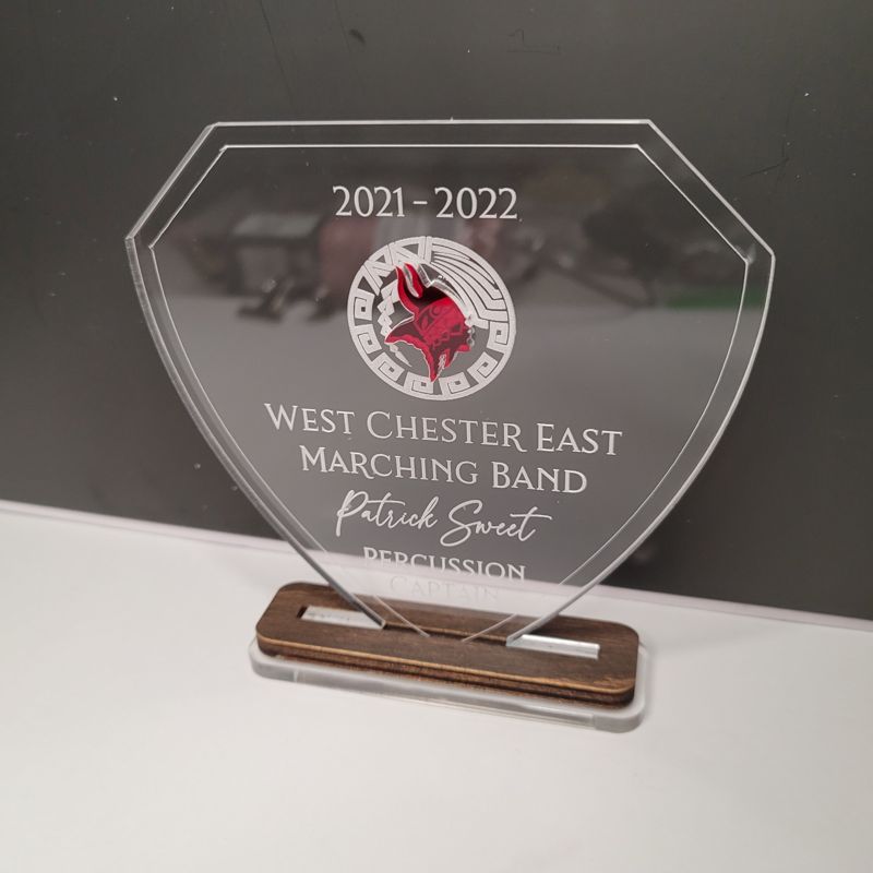Custom Engraved Acrylic Trophy with Inset Design, Custom Engraved Acrylic Award