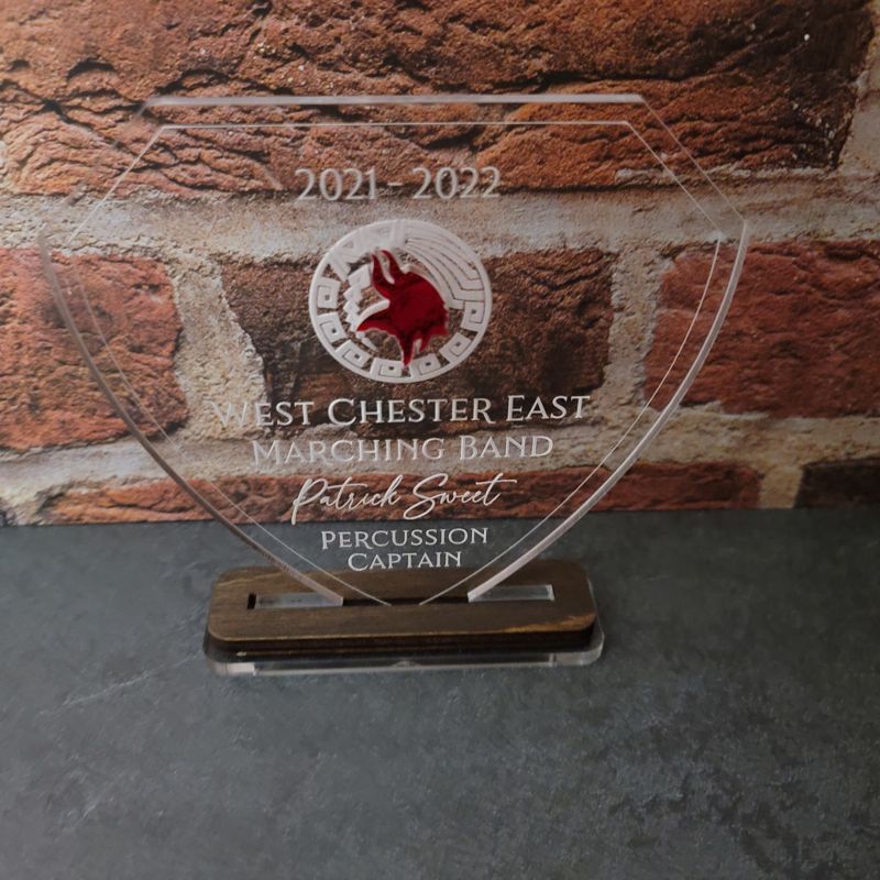 Custom Engraved Acrylic Trophy with Inset Design, Custom Engraved Acrylic Award