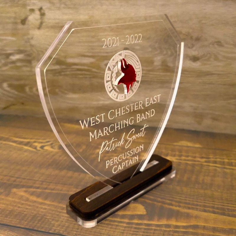 Custom Engraved Acrylic Trophy with Inset Design, Custom Engraved Acrylic Award
