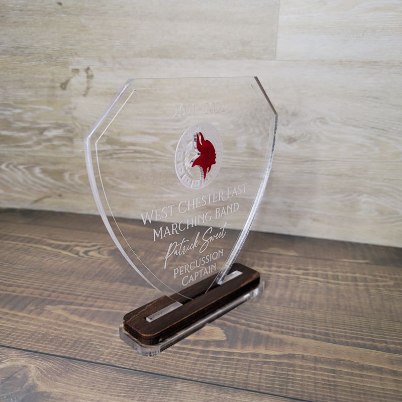 Custom Engraved Acrylic Trophy with Inset Design, Custom Engraved Acrylic Award