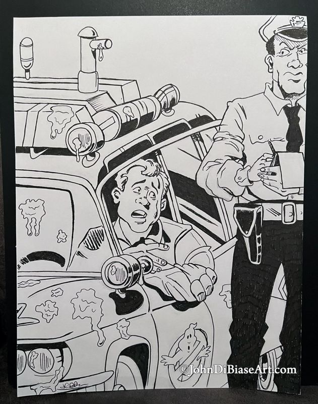 Real Ghostbusters Ray Stantz (Frank Welker) in Ecto-1 with Police Officer (B&W) ORIGINAL Marker Drawing 8.5 x 11 -- From the Sketchbook