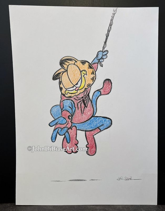 Garfield as Spider-Man ORIGINAL Colored Pencil Drawing 9 x 12 -- From the Sketchbook