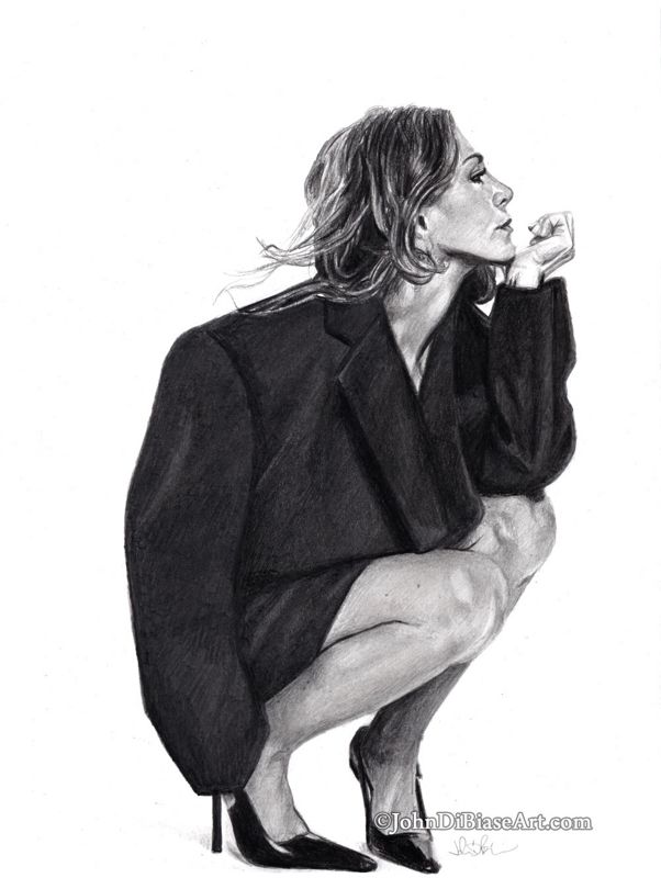 Jennifer Aniston (Crouched) Freehand Pencil Drawing Print (8.5 x 11)