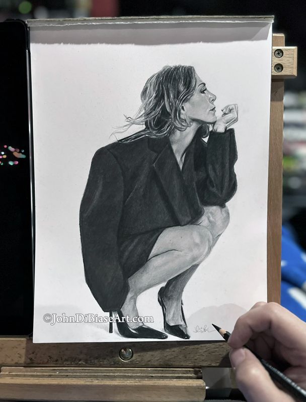 Jennifer Aniston (Crouched) Original Portrait Drawing (NOT a print) 9 x 12
