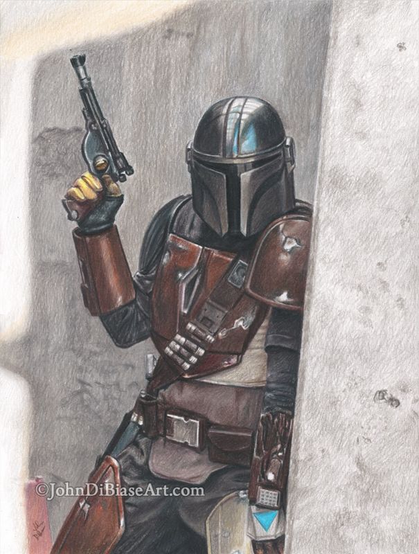 The Mandalorian Star Wars Original Freehand Colored Pencil Drawing (NOT a print) Pedro Pascal, Din Djarin - 12 x 9
