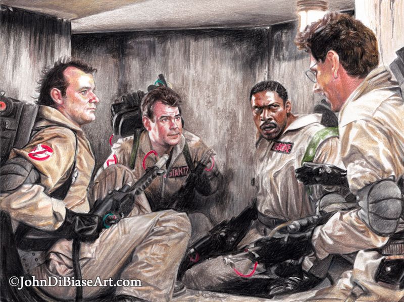Peter,  Ray, Winston and Egon Gozer Rooftop Meeting Ghostbusters Drawing Print 11" x 8.5"