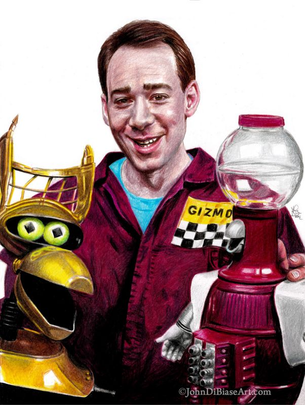 Joel Hodgson with Crow and Tom Servo MST3K Mystery Science Theater 3000 Colored Pencil  Drawing Print 8.5 x 11