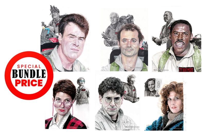 BUNDLE: Ghostbusters "Young & Old" Series Colored Pencil Drawing Prints - 6 total: Venkman, Spengler, Stantz, Zeddemore, Janine Melnitz, Dana Barrett