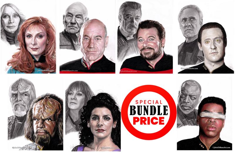 BUNDLE: Star Trek TNG "Young & Old" Series Colored Pencil Drawing Prints - 7 total: Picard, Riker, Crusher, LaForge, Worf, Data, Troi