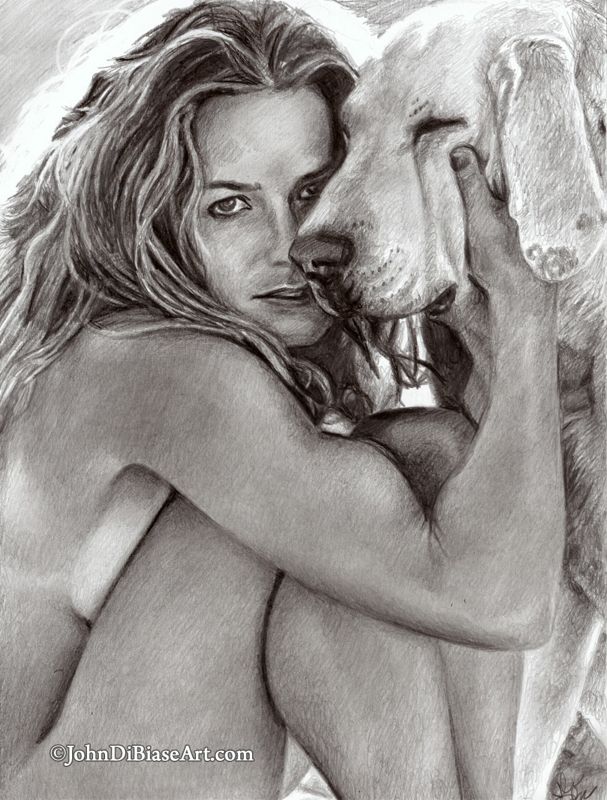 Elisabeth Shue w/ dog Original Portrait Drawing (NOT a print) 9 x 12