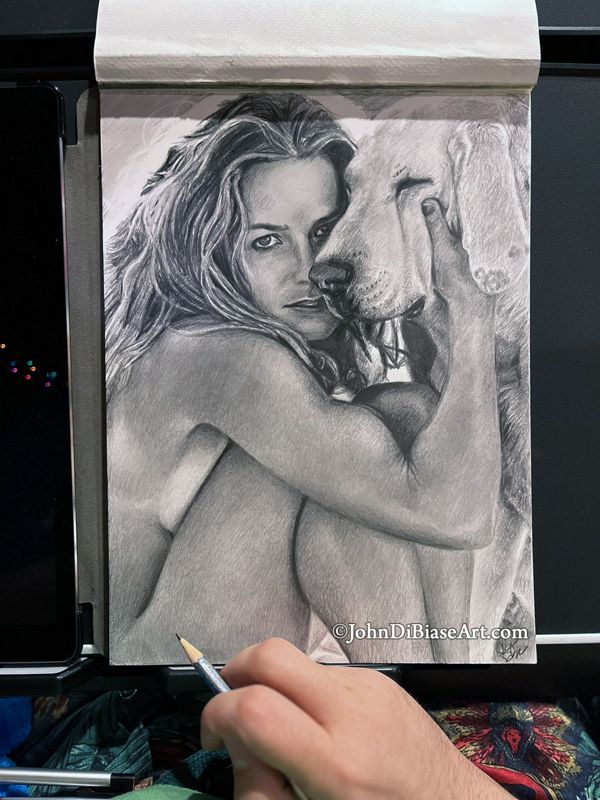 Elisabeth Shue w/ dog Original Portrait Drawing (NOT a print) 9 x 12