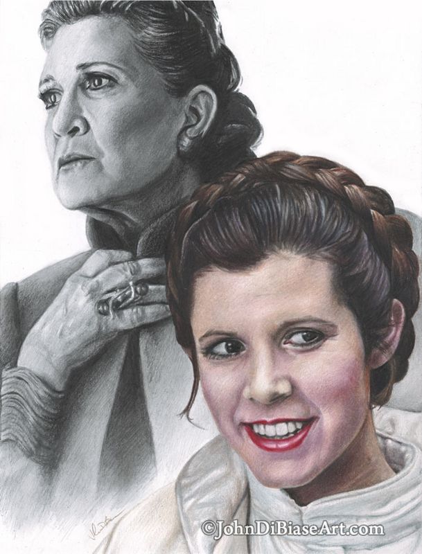 Carrie Fisher as Princess Leia Organa in Star Wars and Star Wars: The Last Jedi Original Colored Pencil and Graphite Drawing (NOT a print) - 9 x 12