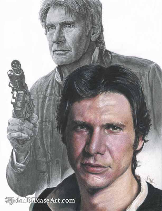 Harrison Ford as Han Solo in Star Wars and Star Wars: The Force Awakens Original Colored Pencil and Graphite Drawing (NOT a print) - 9 x 12
