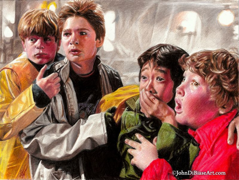 The Goonies - Mikey, Mouth, Data, Chunk - Colored Pencil  Drawing Print 8.5 x 11 - Sean Astin, Corey Feldman, Ke Huy Quan, Jeff Cohen