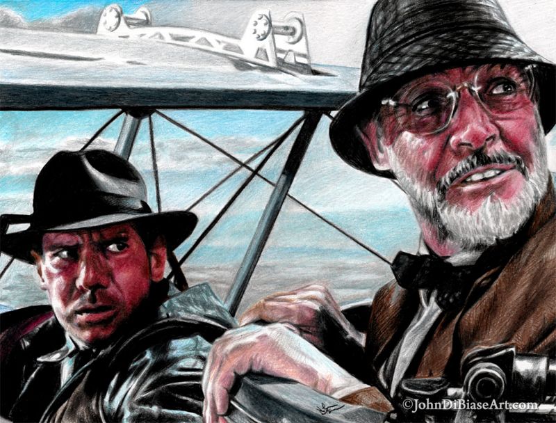 Indiana Jones (Harrison Ford) and Dr. Henry Jones Sr (Sean Connery) in Last Crusade Original Colored Pencil Drawing (NOT a print) 12 x 9