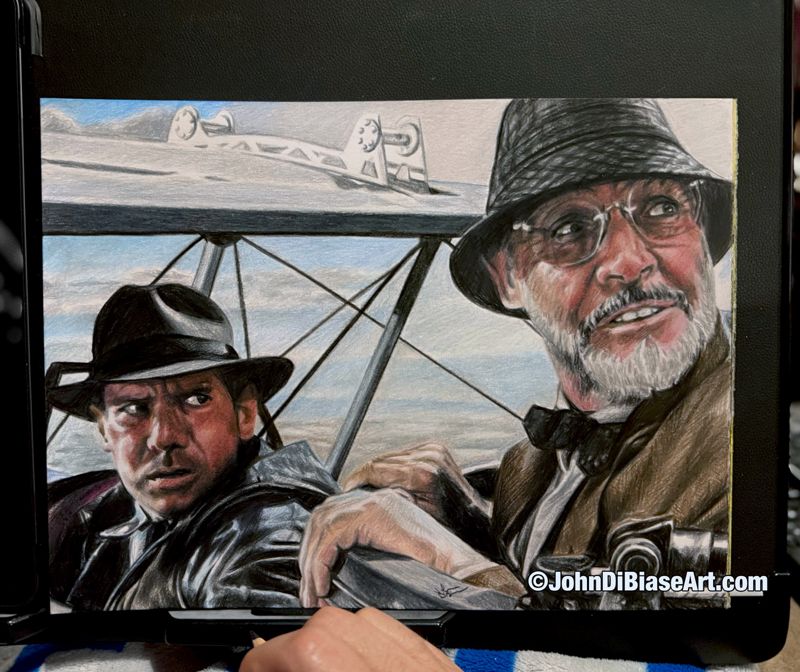 Indiana Jones (Harrison Ford) and Dr. Henry Jones Sr (Sean Connery) in Last Crusade Original Colored Pencil Drawing (NOT a print) 12 x 9