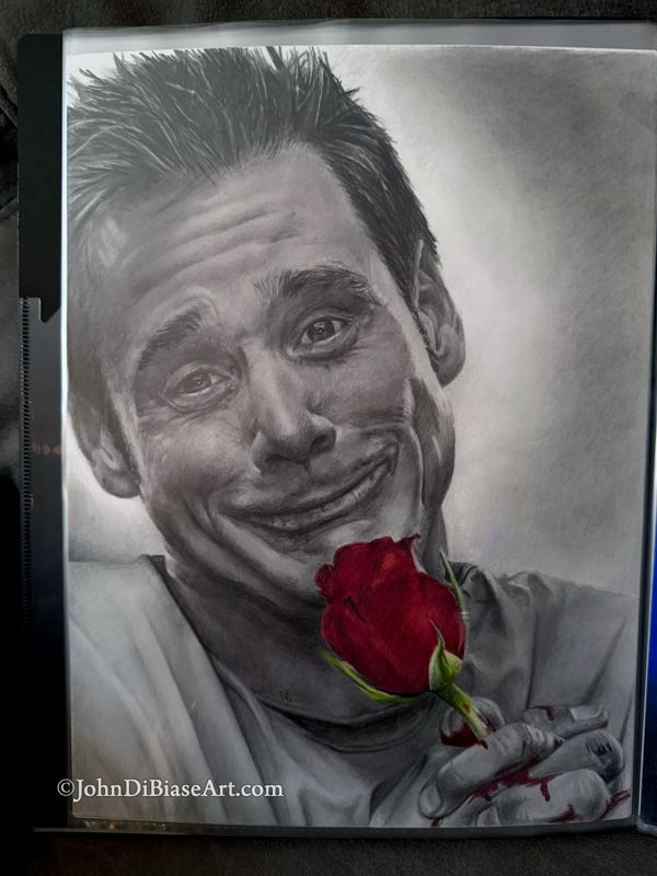 Jim Carrey (Holding a Rose) Original Drawing (Not a Print) 9" x 12"