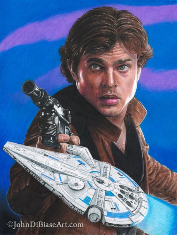 Han Solo (Alden Ehrenreich) with Millennium Falcon from Solo: A Star Wars Story Original Colored Pencil Drawing (NOT a print) 9" x 12"