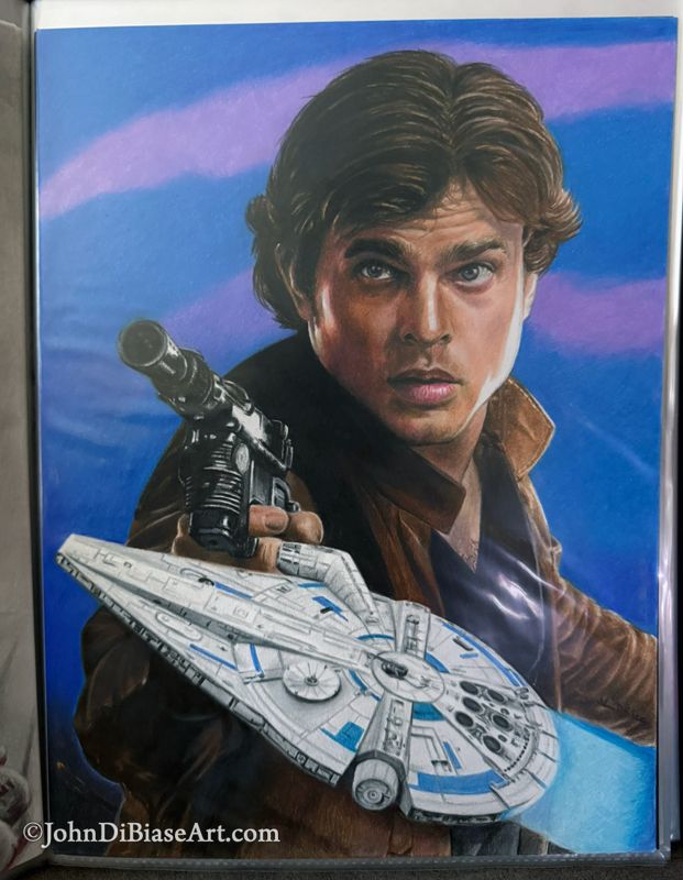 Han Solo (Alden Ehrenreich) with Millennium Falcon from Solo: A Star Wars Story Original Colored Pencil Drawing (NOT a print) 9" x 12"