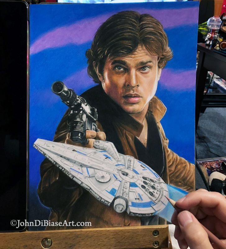 Han Solo (Alden Ehrenreich) with Millennium Falcon from Solo: A Star Wars Story Original Colored Pencil Drawing (NOT a print) 9" x 12"