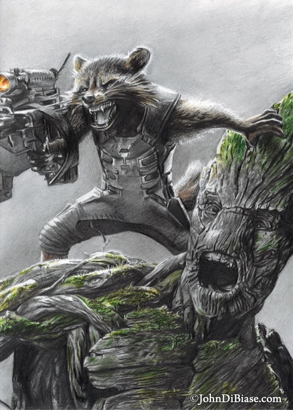 Rocket and Groot in Guardians of the Galaxy Original Graphite and Colored Pencil Drawing (NOT a print) 9" x 12"